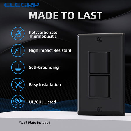 Decorator Double Rocker Light Switch, Two Single Pole Electrical Paddle Switch, 15A, 125V, In-Wall On/Off Switch, Self-Grounding, Wall Plate Is Included, UL Listed (1 Pack, Glossy Black)