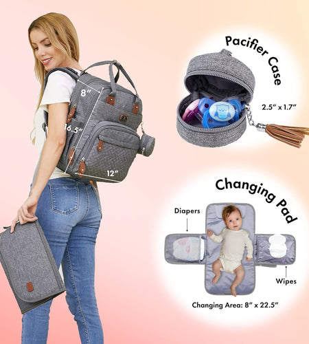 Diaper Bag Backpack with Portable Changing Pad, Pacifier Case and Stroller Straps, Large Unisex Baby Bags for Boys Girls, Multipurpose Travel Back Pack Moms Dads, Gray