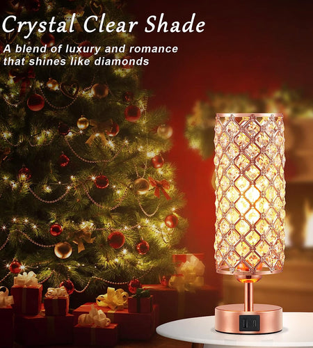 Crystal Table Lamp, Rose Gold Lamp with USB C+A Ports, 3 Way Dimmable Light with Crystal Lampshade, Bedside Lamp Small Touch Light for Living Room Bedroom Home, Charge Phone (Bulb Included)