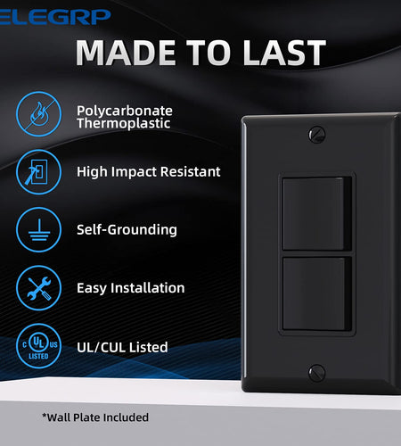 Decorator Double Rocker Light Switch, Two Single Pole Electrical Paddle Switch, 15A, 125V, In-Wall On/Off Switch, Self-Grounding, Wall Plate Is Included, UL Listed (1 Pack, Glossy Black)