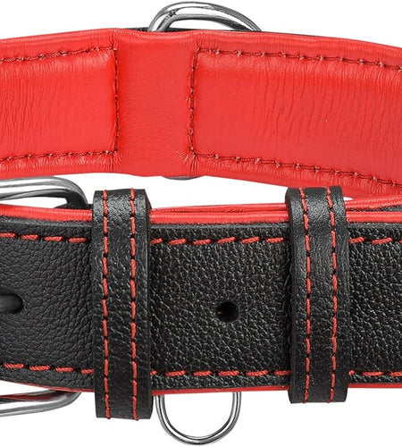Riparo Genuine Leather Padded Dog Heavy Duty K-9 Adjustable Collar (XXL: 2” Wide for 26” - 29” Neck, Black/Red Thread)