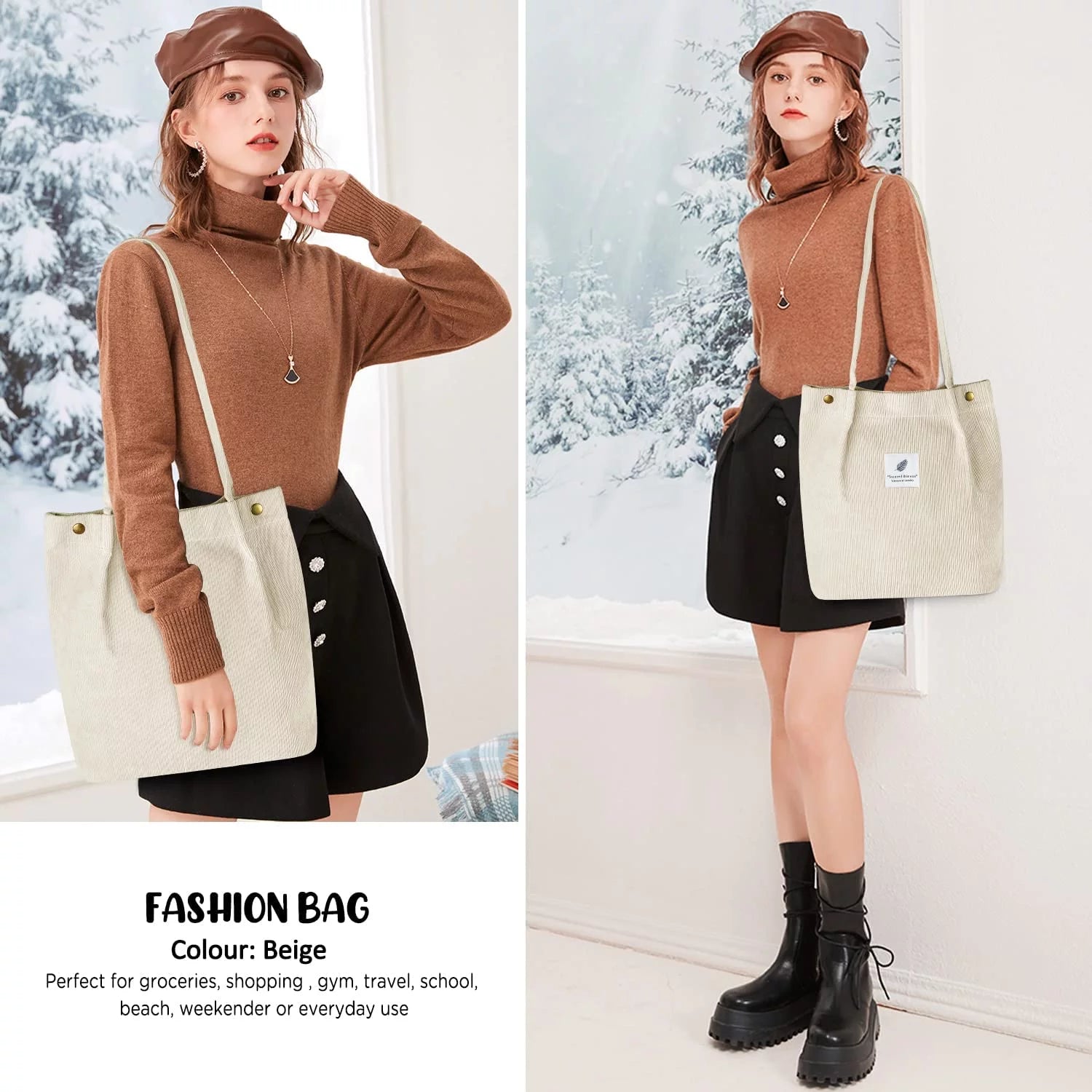 Corduroy Tote Bag Large for Women Girl Lady Canvas Shoulder Cord Purse and Handbags with Inner Pocket