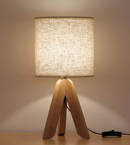 Small Bedside Table Lamp - Wooden Tripod Nightstand Lamp for Bedroom, Living Room, Office, Home with Fabric Linen Shade - 13.4 Inches (Without Bulb)