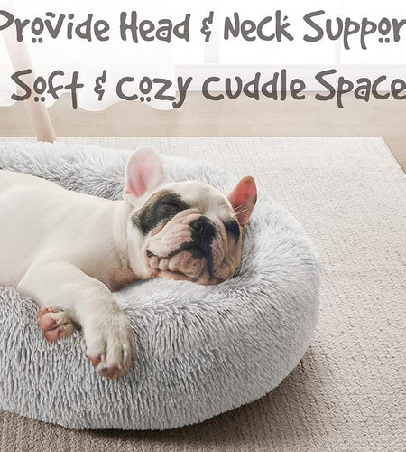Donut Dog Bed Faux Fur Fluffy Calming Sofa for Large Dogs, Soft & Plush anti Anxiety Pet Couch for Dogs, Machine Washable Coco Pet Bed with Non-Slip Bottom, 36"X36"X8" Ivory