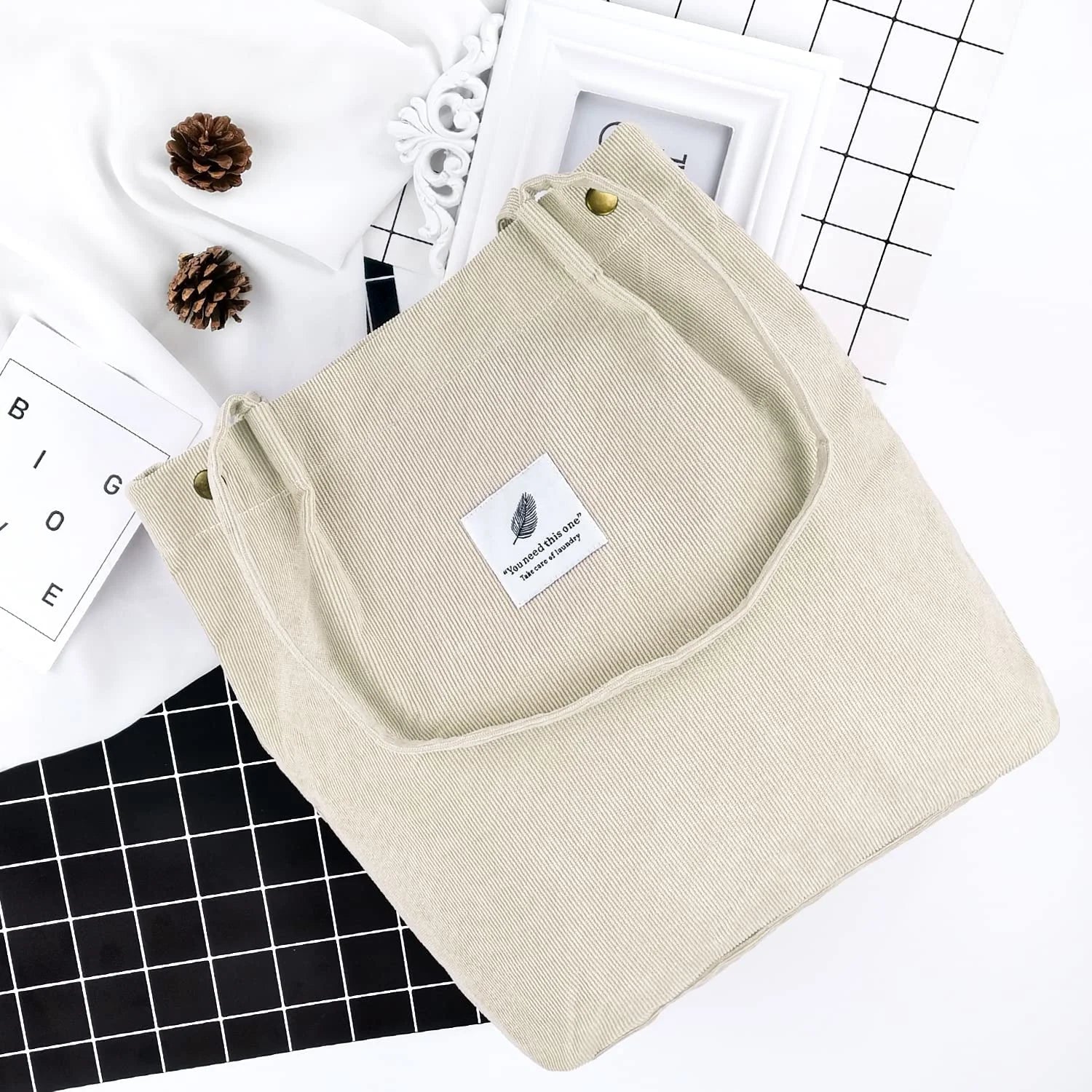 Corduroy Tote Bag Large for Women Girl Lady Canvas Shoulder Cord Purse and Handbags with Inner Pocket