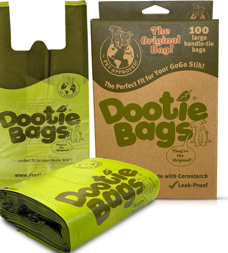 Dootie Bags® Medium-Large Poop Bags, 100 Count, with Tie Handles and Gussets. Strong and Leakproof. Made with Corn Starch. Fits  Pooper Scoopers.