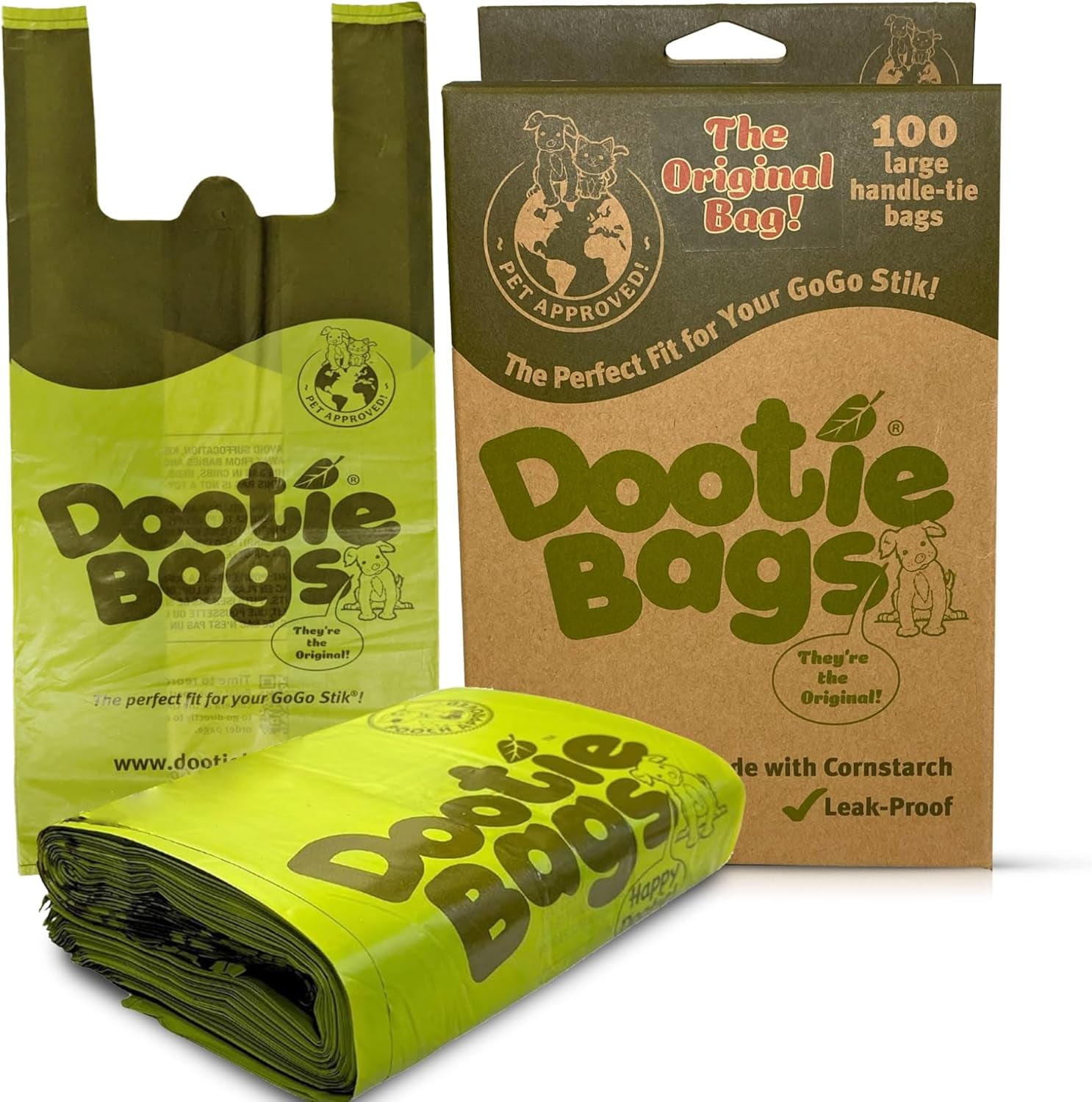 Dootie Bags® Medium-Large Poop Bags, 100 Count, with Tie Handles and Gussets. Strong and Leakproof. Made with Corn Starch. Fits  Pooper Scoopers.
