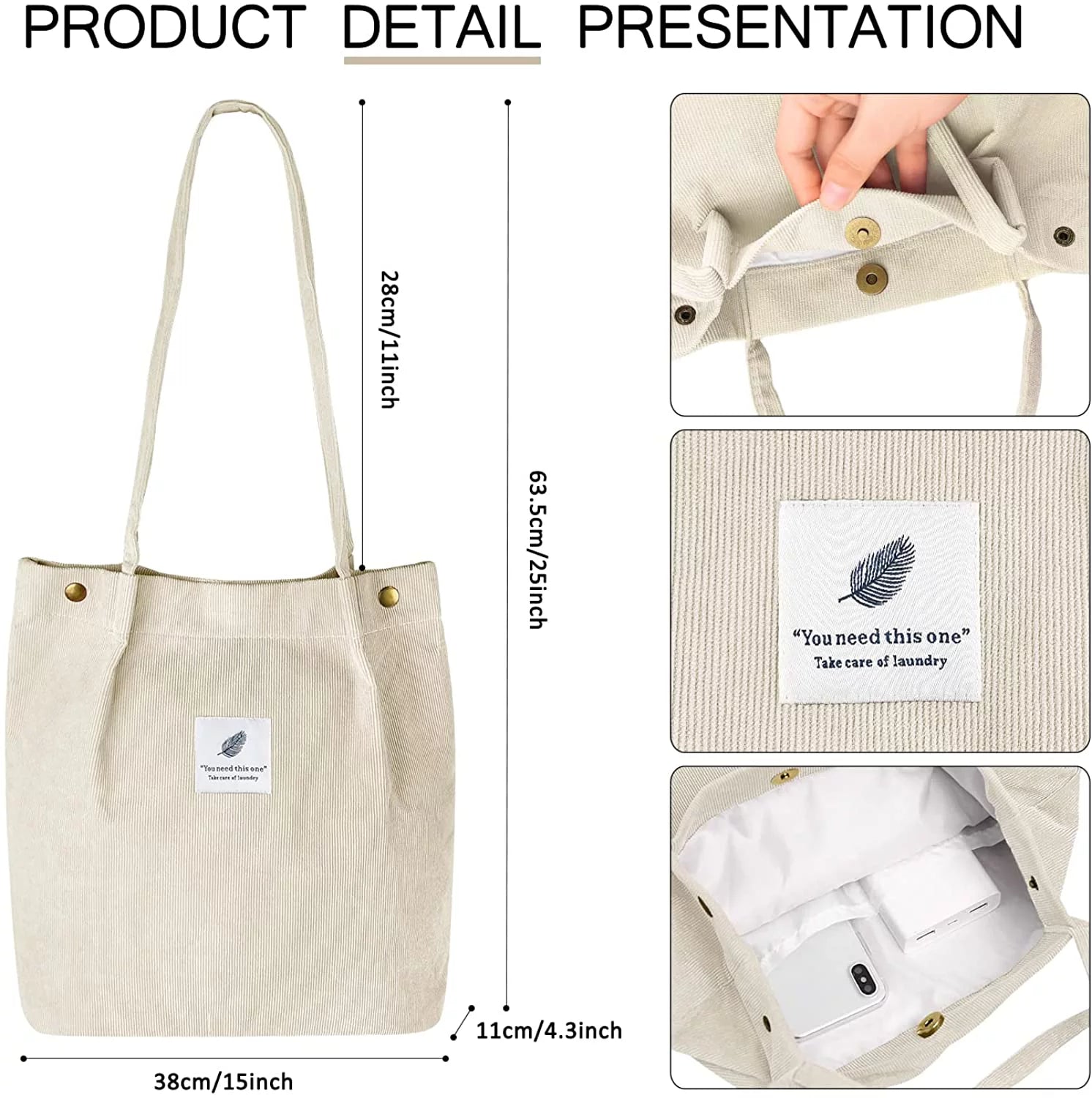 Corduroy Tote Bag Large for Women Girl Lady Canvas Shoulder Cord Purse and Handbags with Inner Pocket