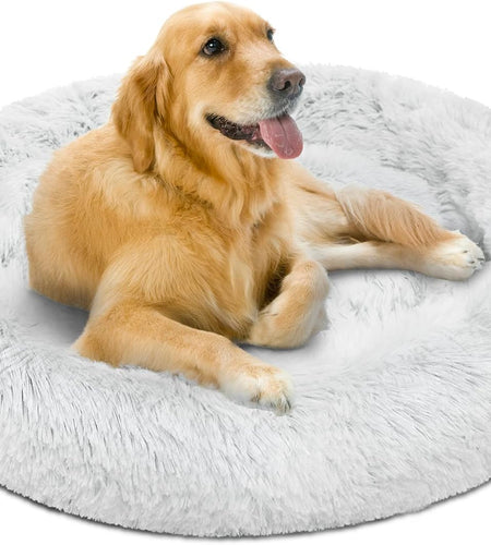 Donut Dog Bed Faux Fur Fluffy Calming Sofa for Large Dogs, Soft & Plush anti Anxiety Pet Couch for Dogs, Machine Washable Coco Pet Bed with Non-Slip Bottom, 36"X36"X8" Ivory