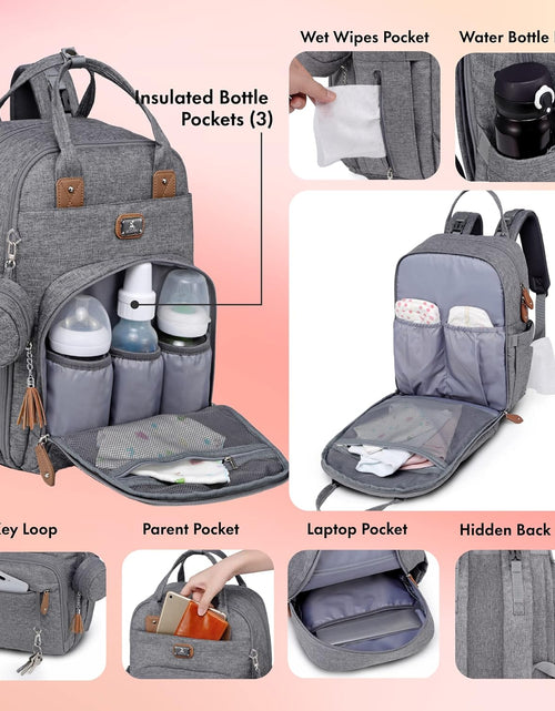 Load image into Gallery viewer, Diaper Bag Backpack with Portable Changing Pad, Pacifier Case and Stroller Straps, Large Unisex Baby Bags for Boys Girls, Multipurpose Travel Back Pack Moms Dads, Gray
