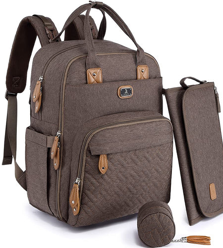 Diaper Bag Backpack with Portable Changing Pad, Pacifier Case and Stroller Straps, Large Unisex Baby Bags for Boys Girls, Multipurpose Travel Back Pack Moms Dads, Brown