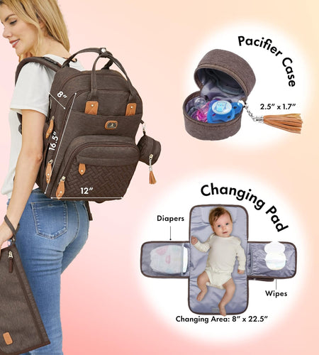 Diaper Bag Backpack with Portable Changing Pad, Pacifier Case and Stroller Straps, Large Unisex Baby Bags for Boys Girls, Multipurpose Travel Back Pack Moms Dads, Brown