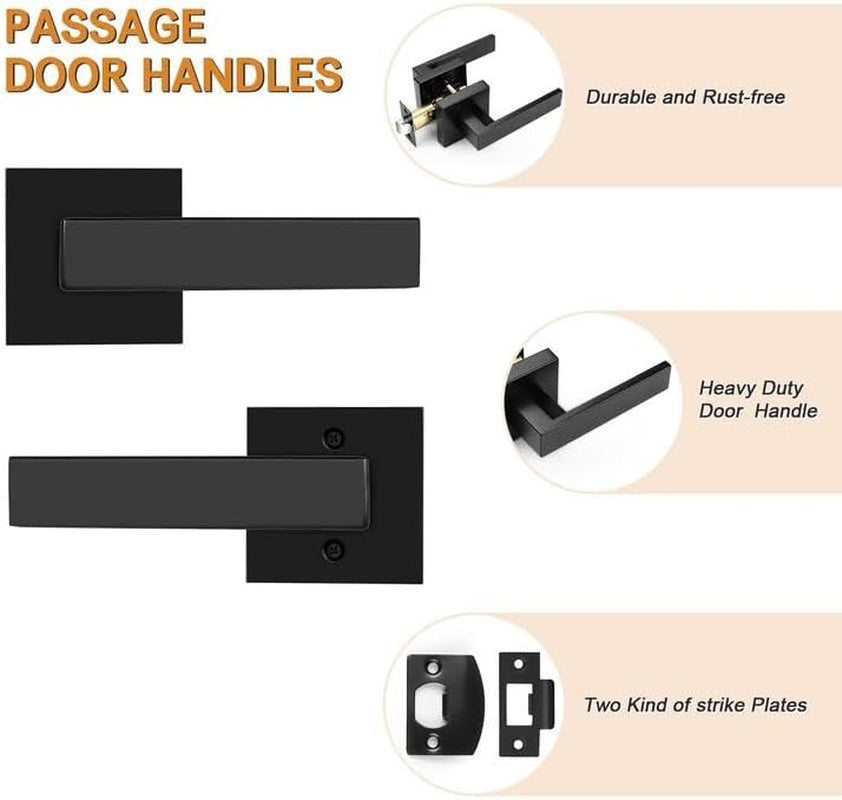 10 Pack| Matte Black Passage Door Levers Interior Heavy Duty Square Door Handles, Hall/Closet Non-Locking Door Levers for Pantry Utility Room, Contractor Pack