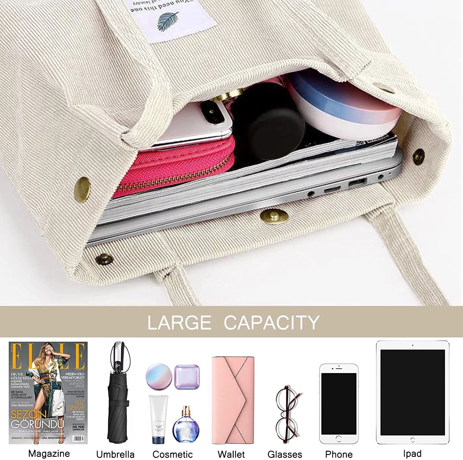 Corduroy Tote Bag Large for Women Girl Lady Canvas Shoulder Cord Purse and Handbags with Inner Pocket