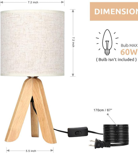 Small Bedside Table Lamp - Wooden Tripod Nightstand Lamp for Bedroom, Living Room, Office, Home with Fabric Linen Shade - 13.4 Inches (Without Bulb)