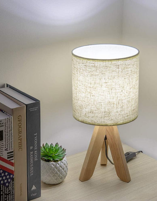 Load image into Gallery viewer, Small Bedside Table Lamp - Wooden Tripod Nightstand Lamp for Bedroom, Living Room, Office, Home with Fabric Linen Shade - 13.4 Inches (Without Bulb)
