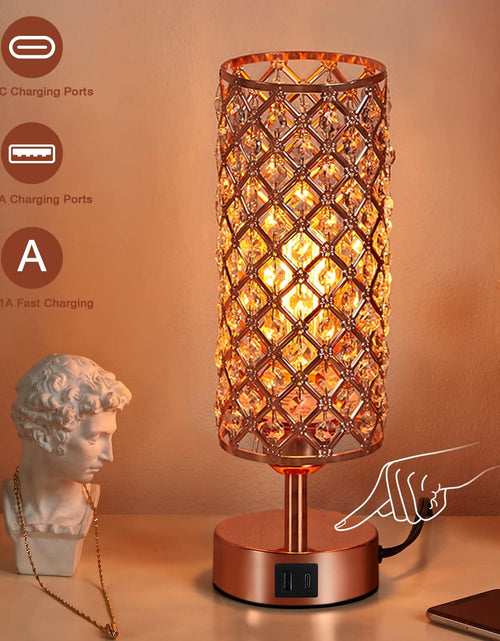 Load image into Gallery viewer, Crystal Table Lamp, Rose Gold Lamp with USB C+A Ports, 3 Way Dimmable Light with Crystal Lampshade, Bedside Lamp Small Touch Light for Living Room Bedroom Home, Charge Phone (Bulb Included)

