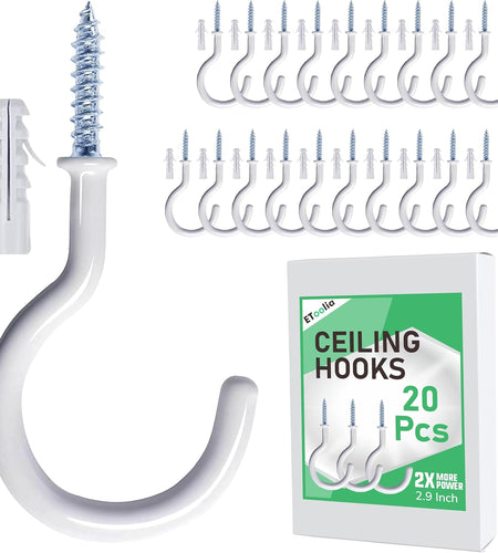 20 Pcs Ceiling Hooks for Hanging Plants - 2.9 Inches Heavy Duty, Hanging Hooks for Christmas Lights, Cups, Decors - White Vinyl Coated Screw in Plant Hanger Hook Indoor and Outdoor