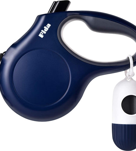 Retractable Dog Leash with Dispenser and Poop Bags, 16 Ft Pet Walking Leash for Large Dog up to 110 Lbs, Anti-Slip Handle, Tangle Free, Reflective Nylon Tape (L, Navy Blue)